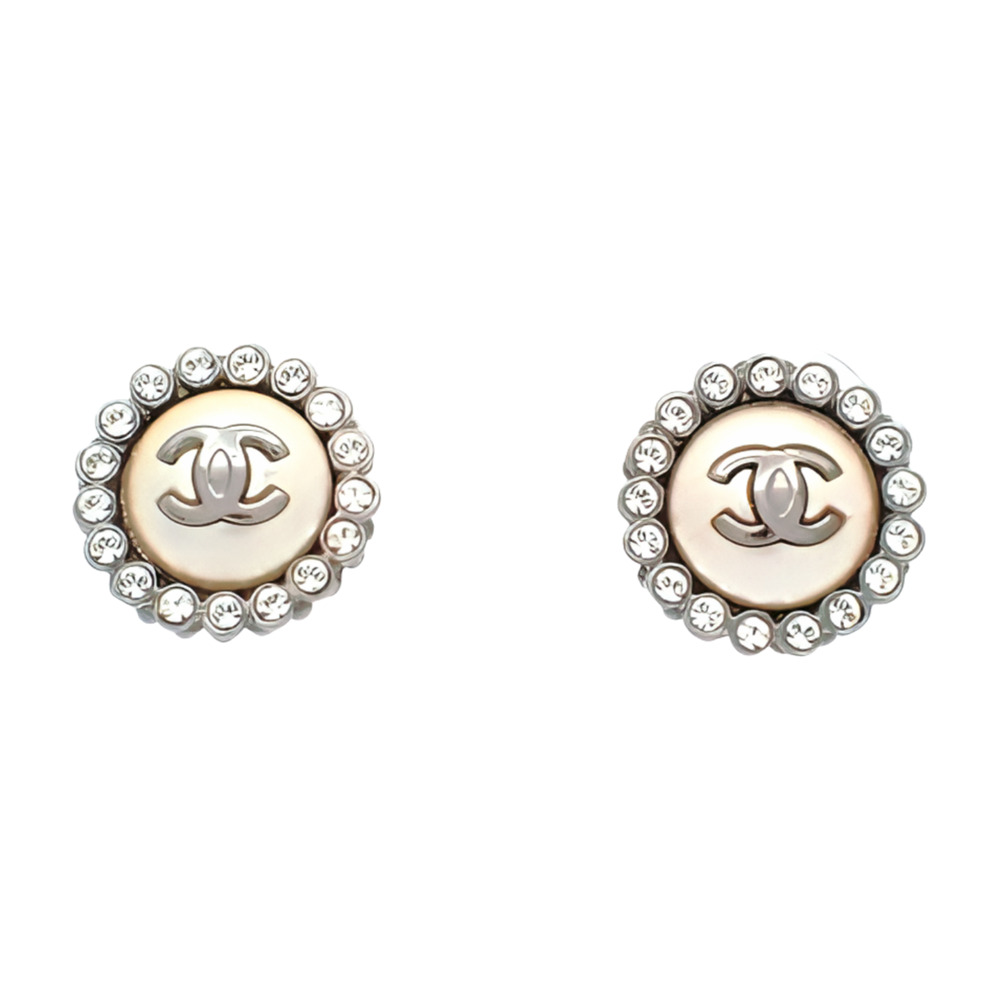 Chanel Coco Mark Pearl and Rhinestone Stud Earrings - Silver